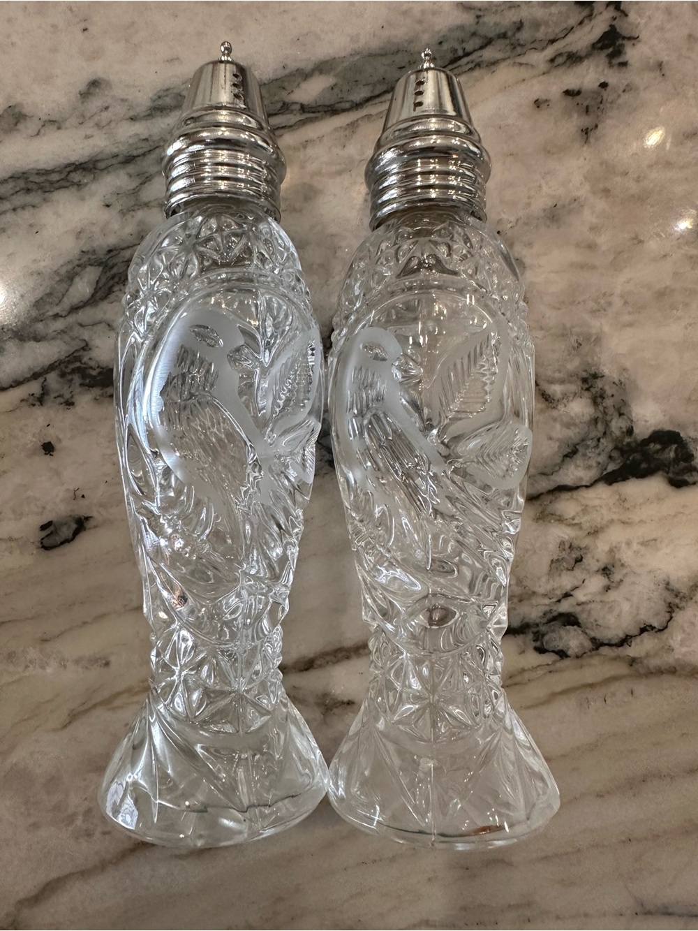Hofbauer Byrdes Tall 7" Clear Crystal Salt‎ & Pepper Shakers Birds